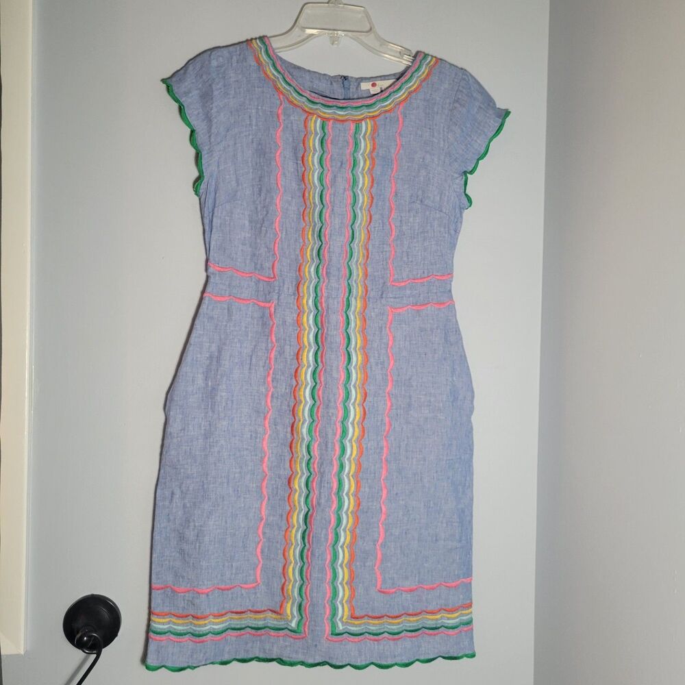 Boden Laura Linen Embroidered Shift Dress in Light Chambray Size US 4L